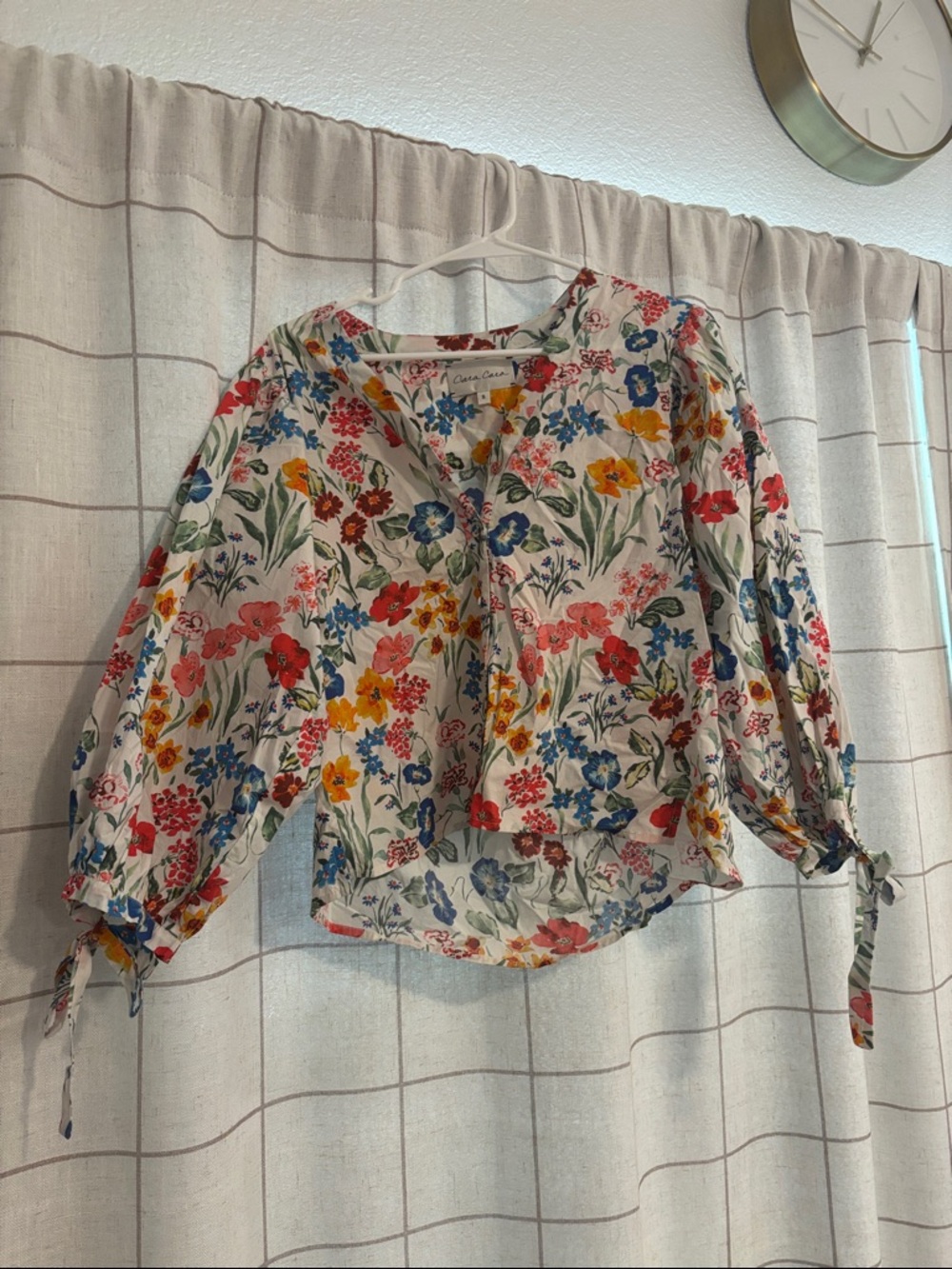 Anna Sui Multicolor Floral V-Neck Tie-Sleeve Blouse